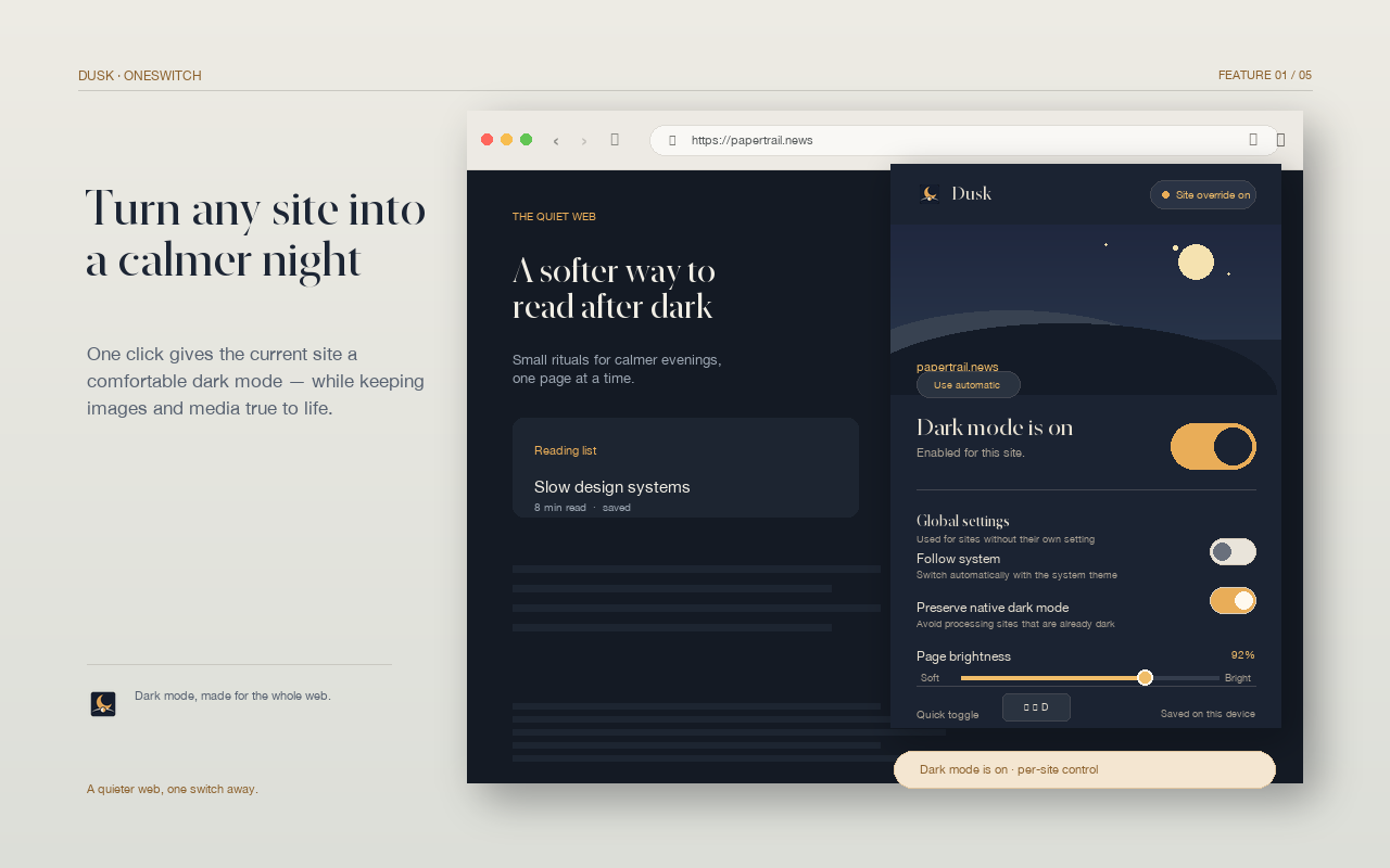 Dusk dark mode popup over a darkened news website