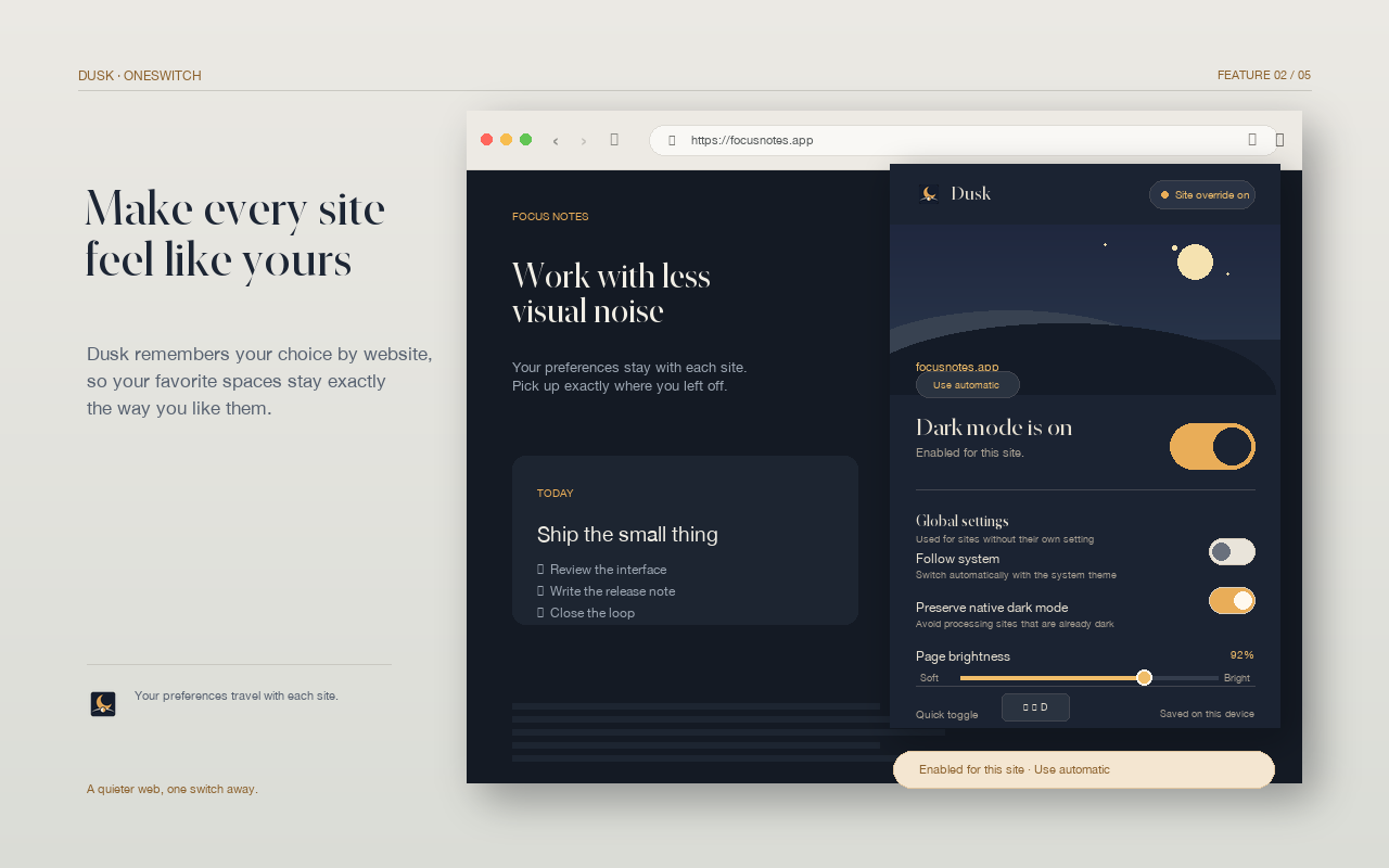 Dusk showing a per-site dark mode override